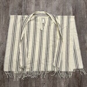 Free People Striped Poncho‎ Wrap Cape Fringe Hem One Sz Cream Gray Boho Festival
